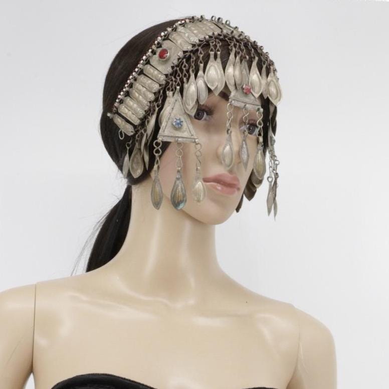 Vintage Turkmen Tribal Headpiece: Ethnic Alpaka Jewelry with Glass Beads & Tassels for Costuming
