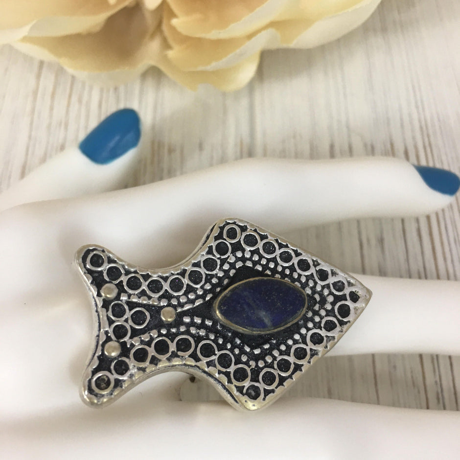Vintage Afghan Kuchi Adjustable Ring with blue Lapis Stone