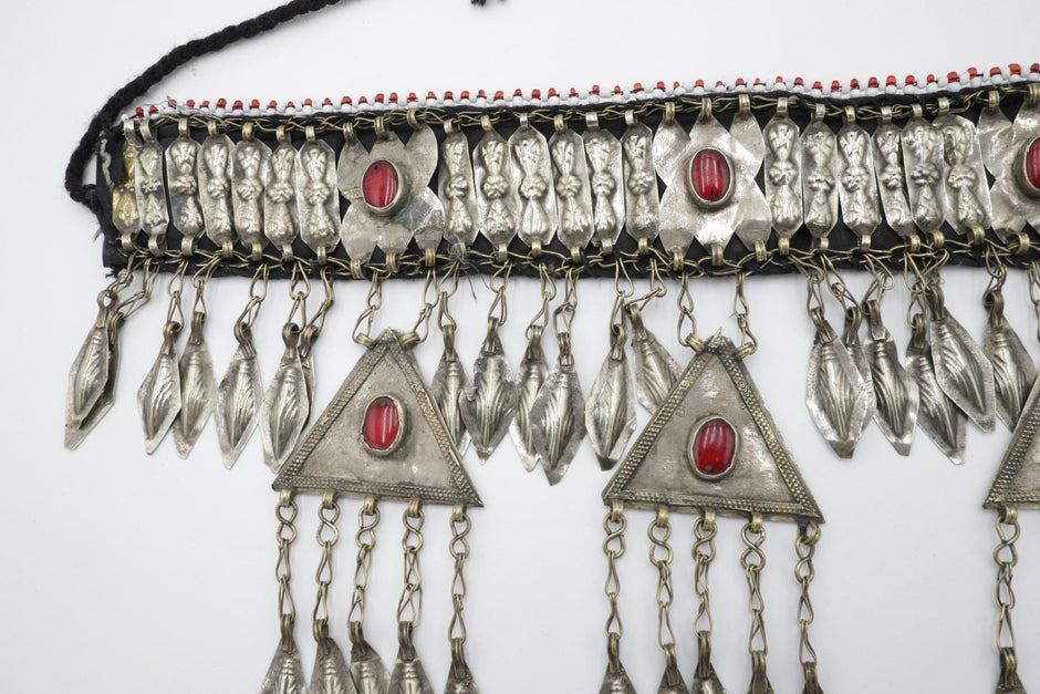 Vintage Turkmen Tribal Headpiece: Ethnic Alpaka Jewelry with Glass Beads & Tassels for Costuming