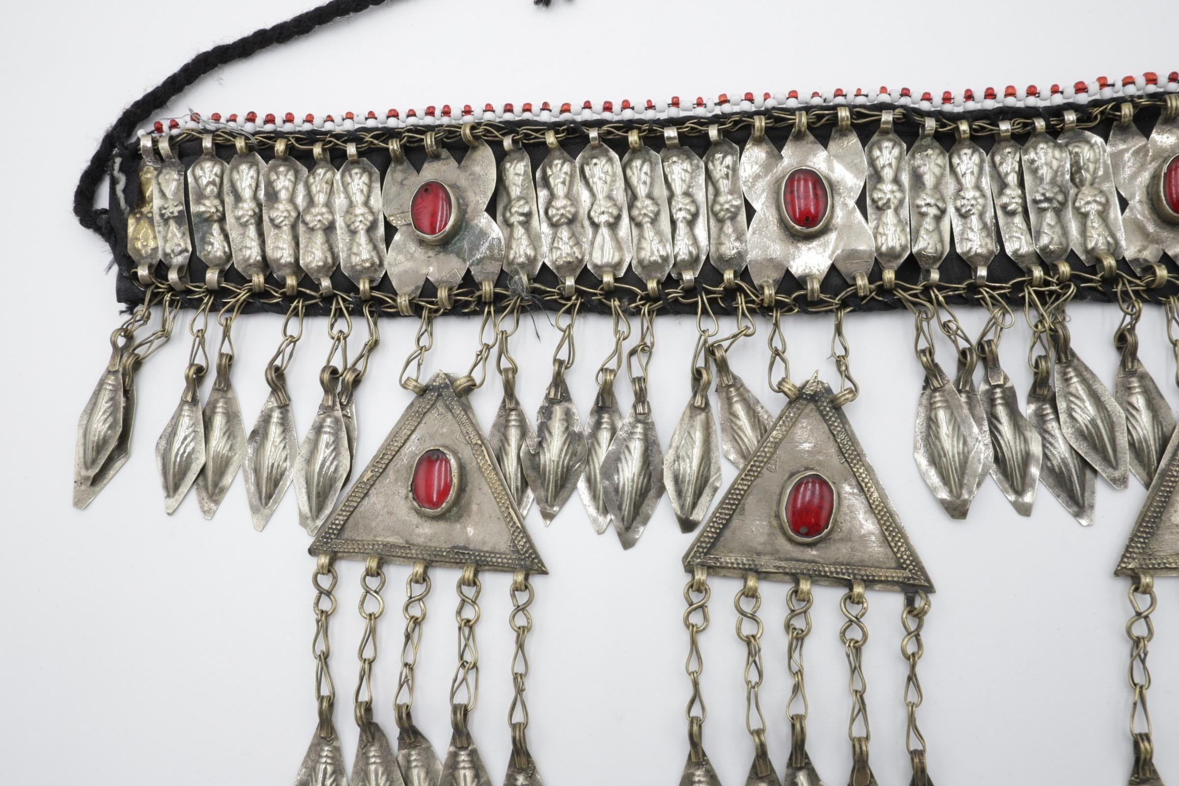 Vintage Turkmen Tribal Headpiece: Ethnic Alpaka Jewelry with Glass Beads & Tassels for Costuming