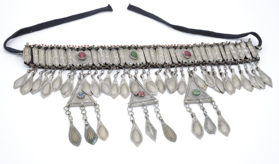 Vintage Turkmen Tribal Headpiece: Ethnic Alpaka Jewelry with Glass Beads & Tassels for Costuming