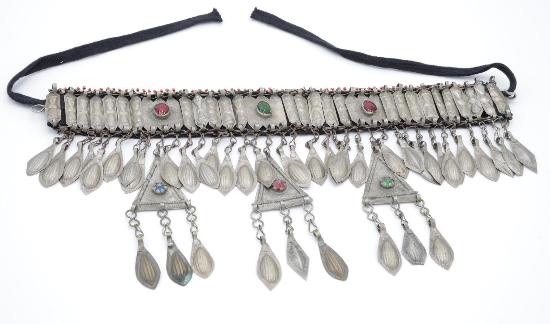 Vintage Turkmen Tribal Headpiece: Ethnic Alpaka Jewelry with Glass Beads & Tassels for Costuming