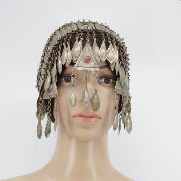 Vintage Turkmen Tribal Headpiece: Ethnic Alpaka Jewelry with Glass Beads & Tassels for Costuming
