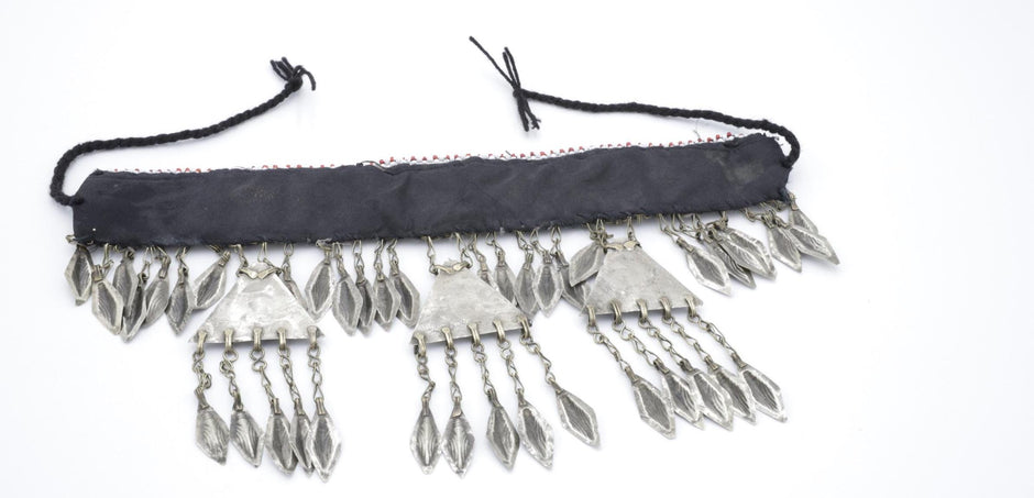 Vintage Turkmen Tribal Headpiece: Ethnic Alpaka Jewelry with Glass Beads & Tassels for Costuming