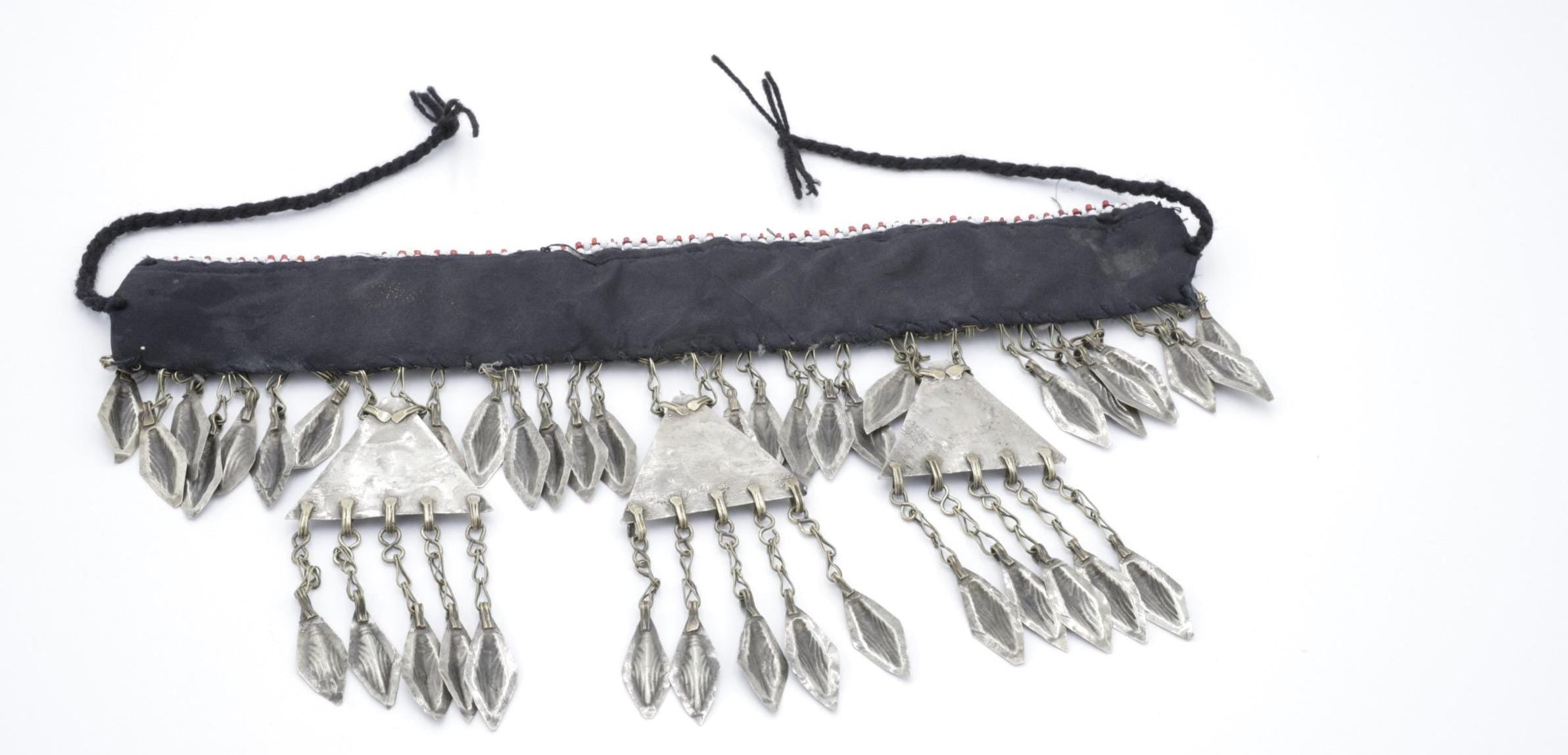 Vintage Turkmen Tribal Headpiece: Ethnic Alpaka Jewelry with Glass Beads & Tassels for Costuming