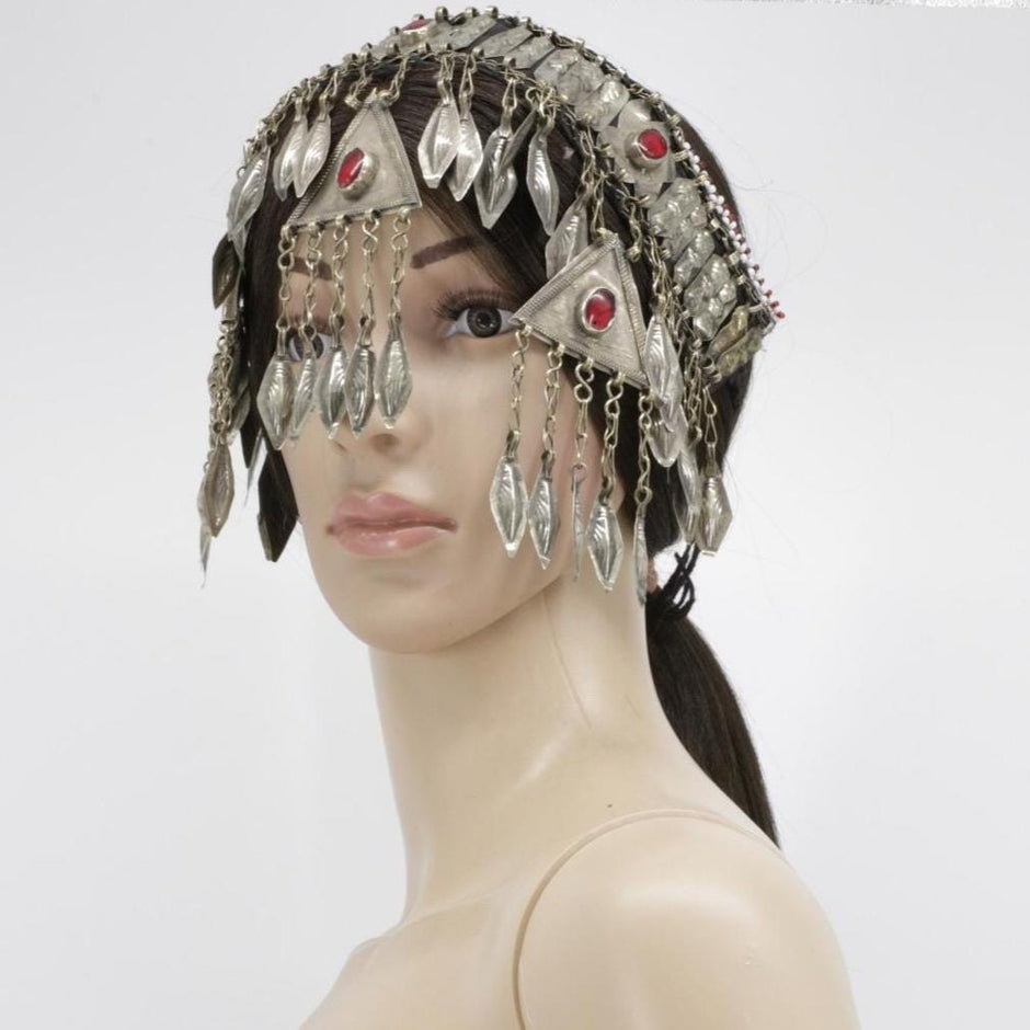 Vintage Turkmen Tribal Headpiece: Ethnic Alpaka Jewelry with Glass Beads & Tassels for Costuming