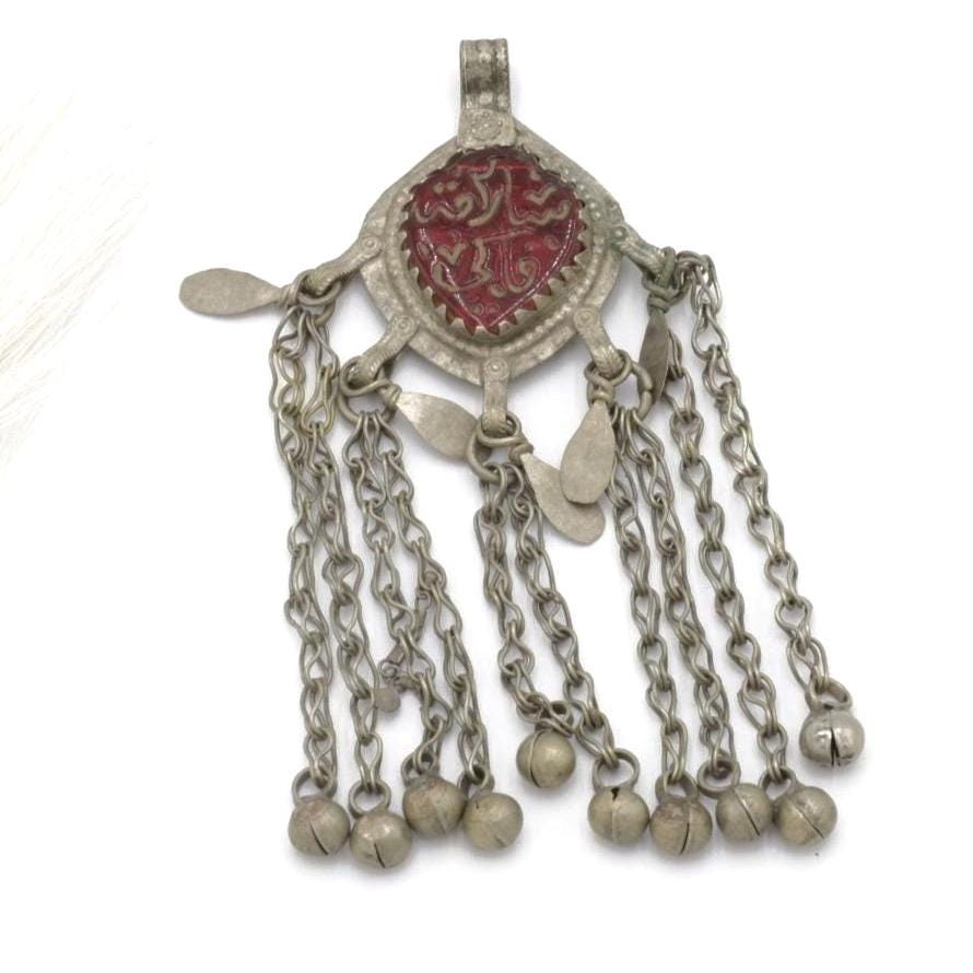 Vintage Afghan Kuchi Tribal Pendant - Handmade Red Jewelry for Belly Dance & Statement Necklaces