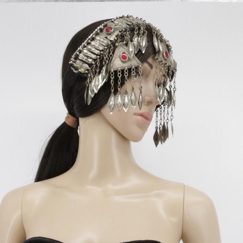 Vintage Turkmen Tribal Headpiece: Ethnic Alpaka Jewelry with Glass Beads & Tassels for Costuming