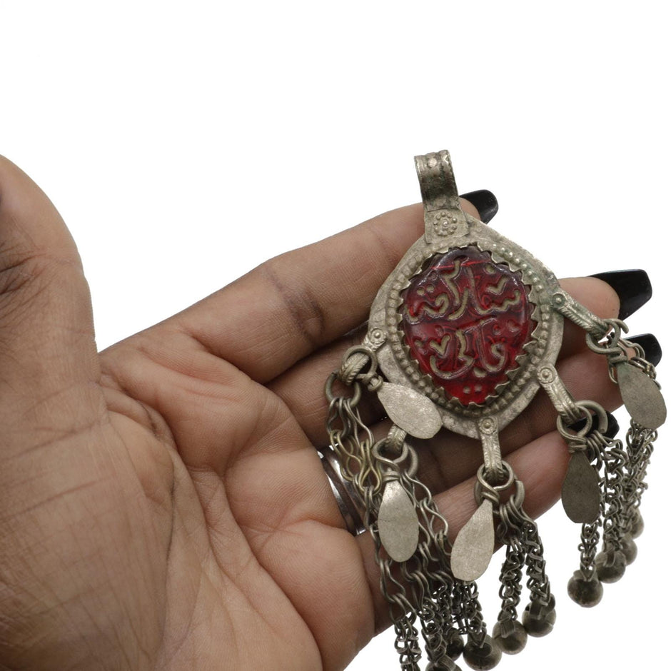 Vintage Afghan Kuchi Tribal Pendant - Handmade Red Jewelry for Belly Dance & Statement Necklaces