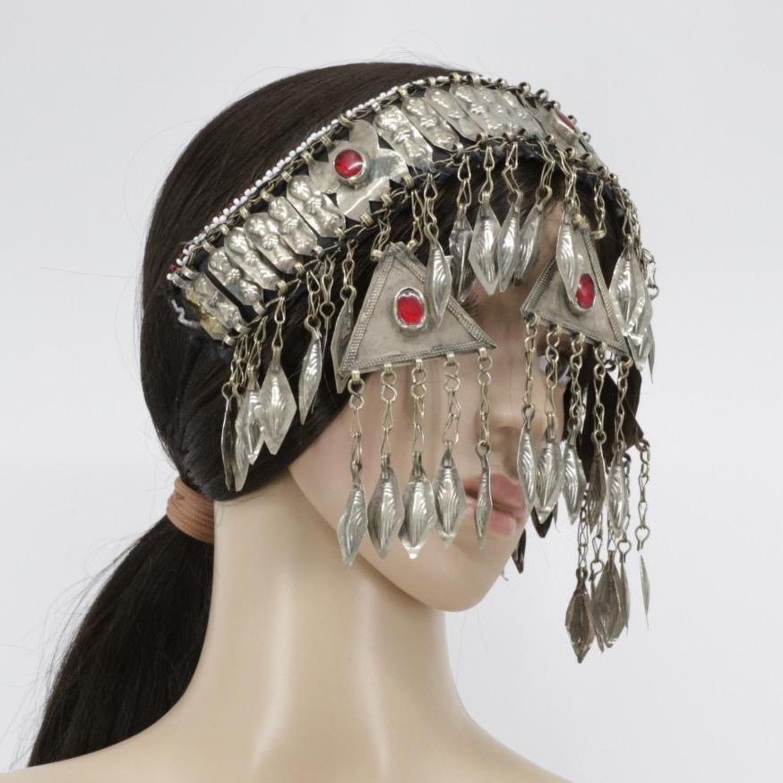 Vintage Turkmen Tribal Headpiece: Ethnic Alpaka Jewelry with Glass Beads & Tassels for Costuming
