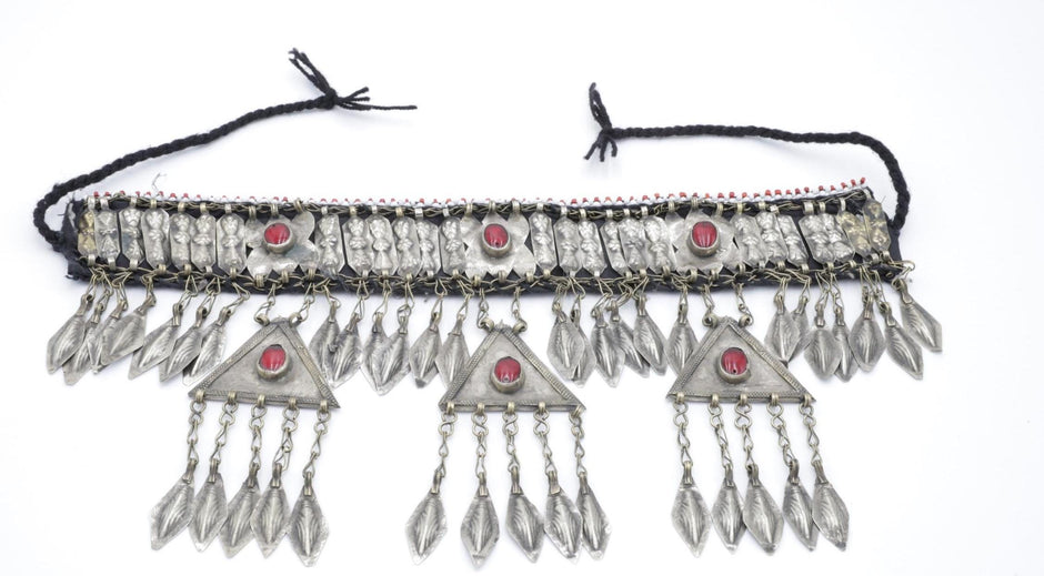 Vintage Turkmen Tribal Headpiece: Ethnic Alpaka Jewelry with Glass Beads & Tassels for Costuming