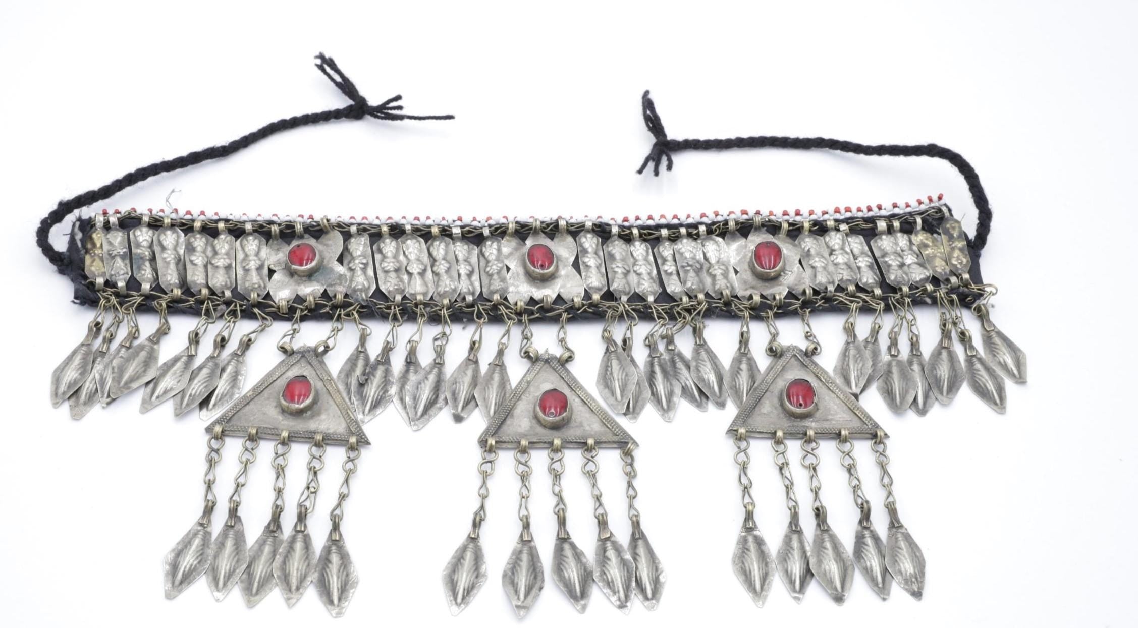 Vintage Turkmen Tribal Headpiece: Ethnic Alpaka Jewelry with Glass Beads & Tassels for Costuming
