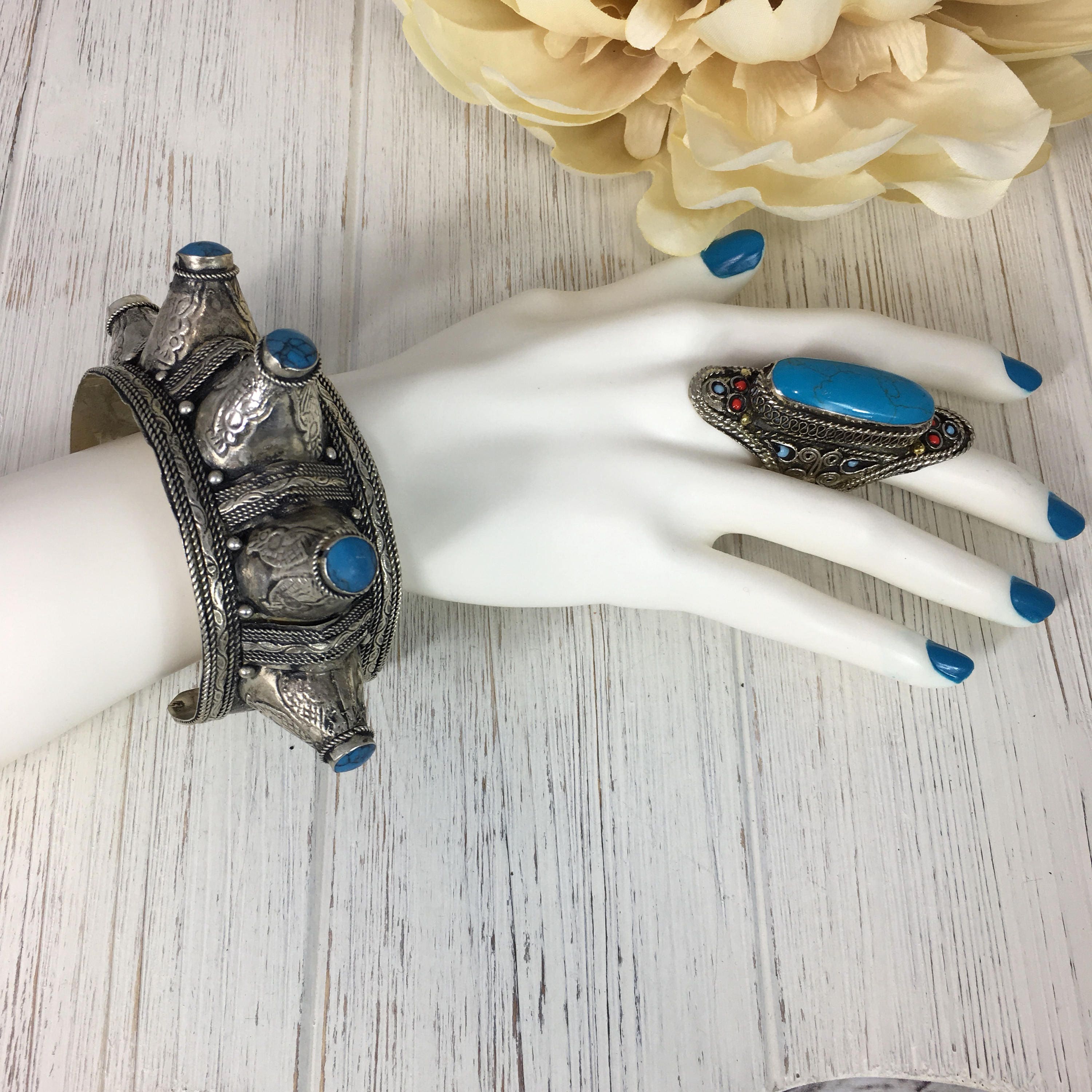 Vintage Afghan Kuchi Statement Ring - Blue Stone Boho Gypsy Ethnic Handmade Jewelry