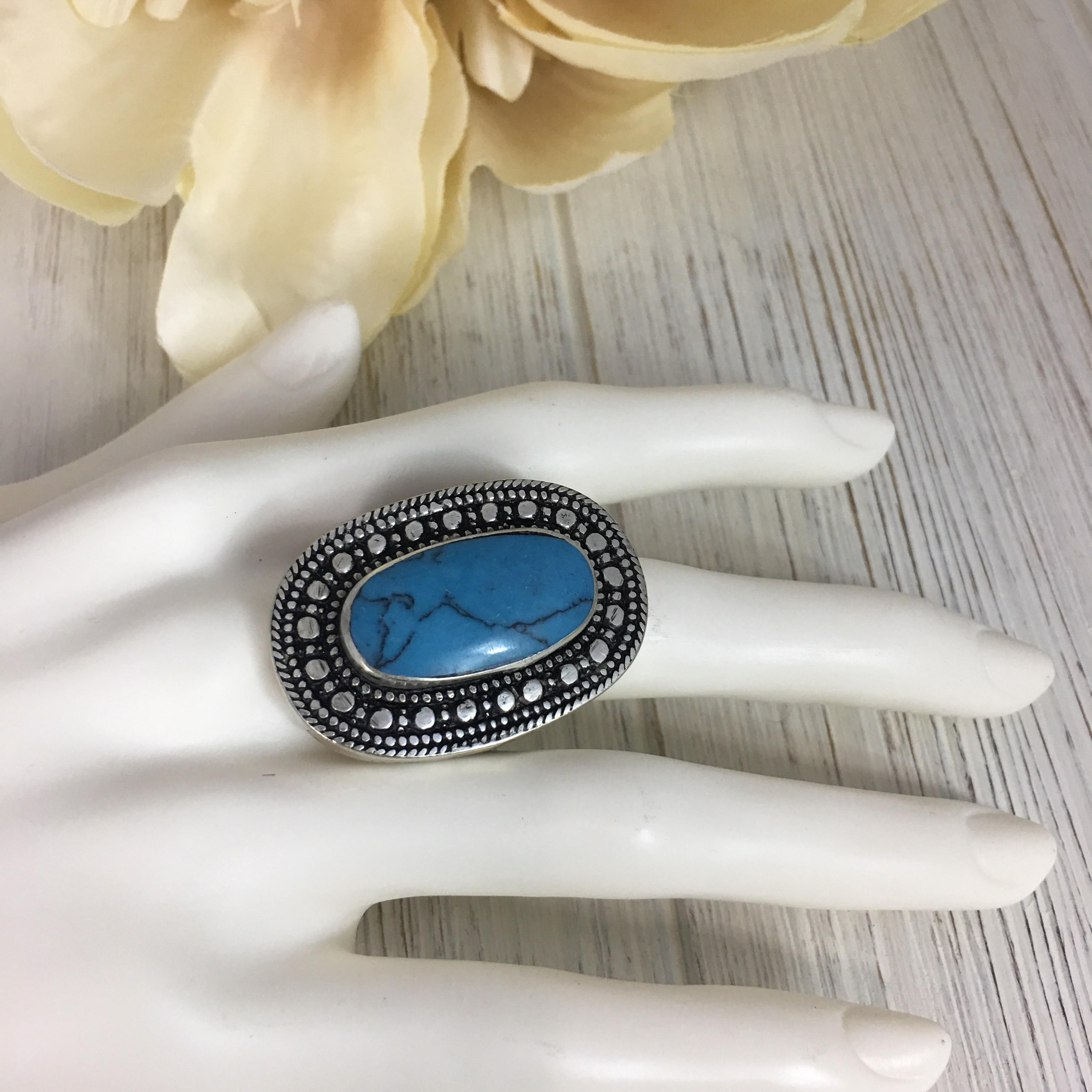 Vintage Afghan Turquoise Ethnic Ring - Handmade Boho Kuchi Tribal Silver Jewelry for Women