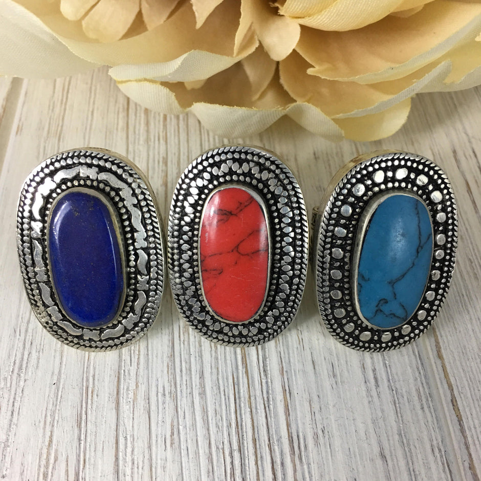 Vintage Afghan Turquoise Ethnic Ring - Handmade Boho Kuchi Tribal Silver Jewelry for Women