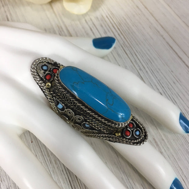 Vintage Afghan Kuchi Statement Ring - Blue Stone Boho Gypsy Ethnic Handmade Jewelry