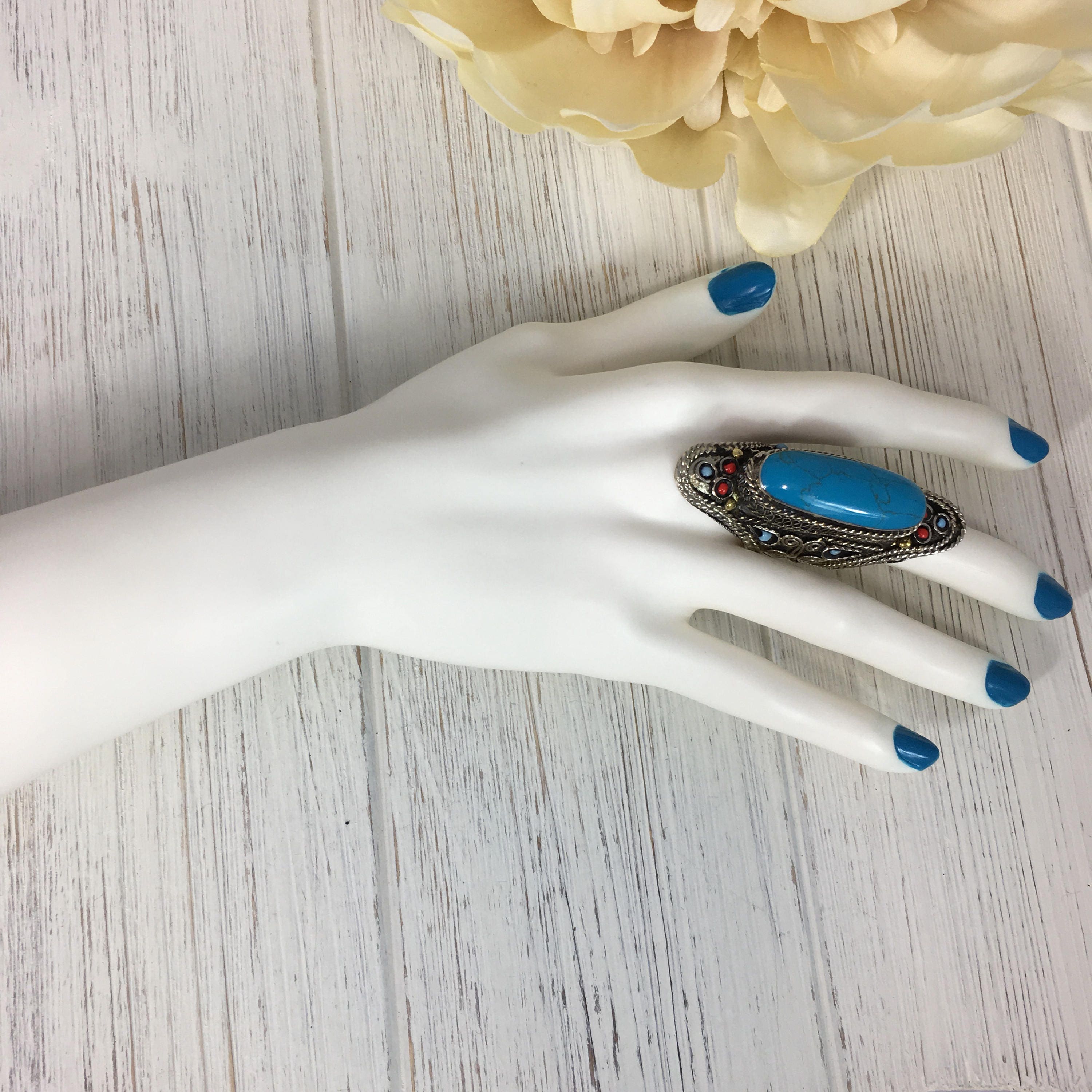Vintage Afghan Kuchi Statement Ring - Blue Stone Boho Gypsy Ethnic Handmade Jewelry