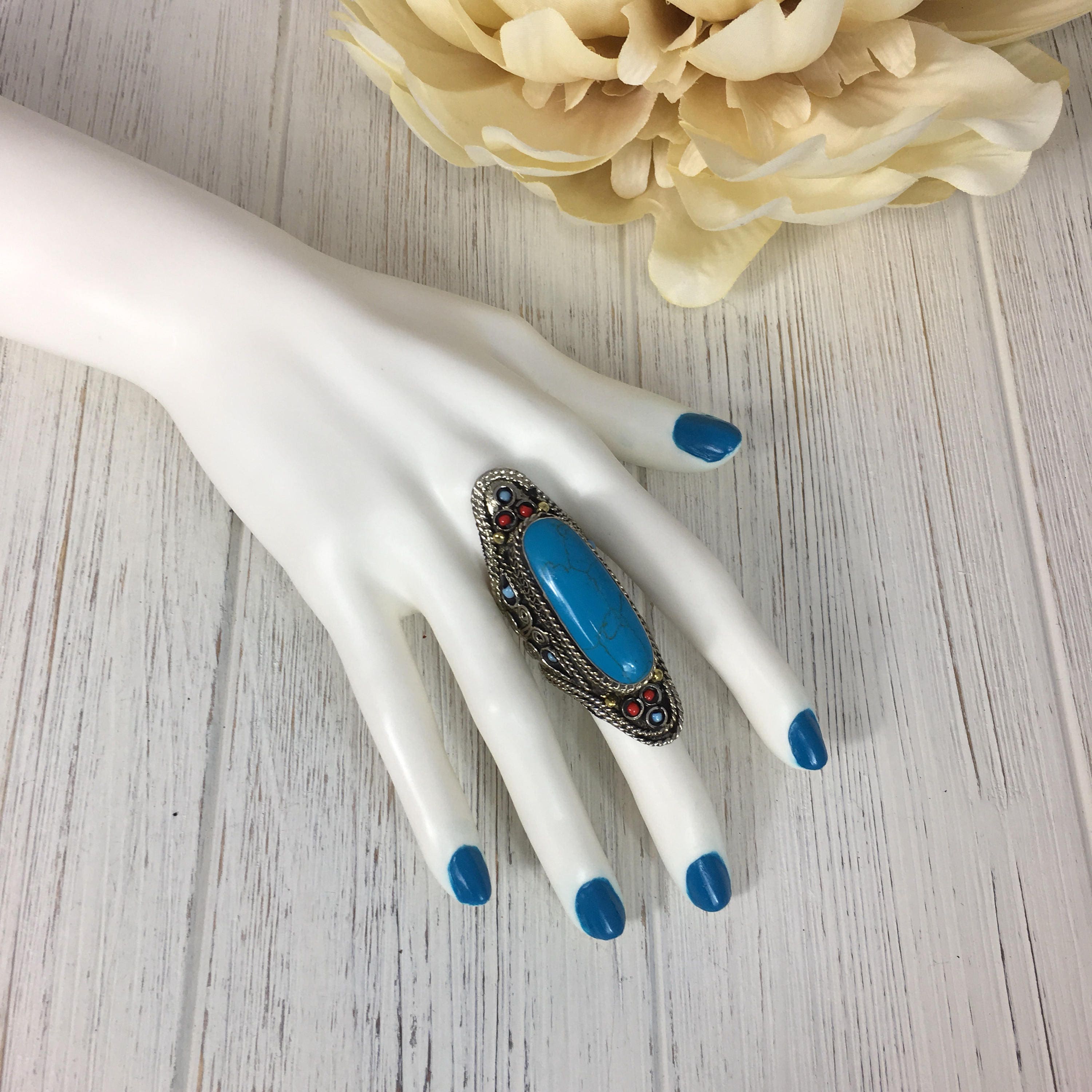 Vintage Afghan Kuchi Statement Ring - Blue Stone Boho Gypsy Ethnic Handmade Jewelry