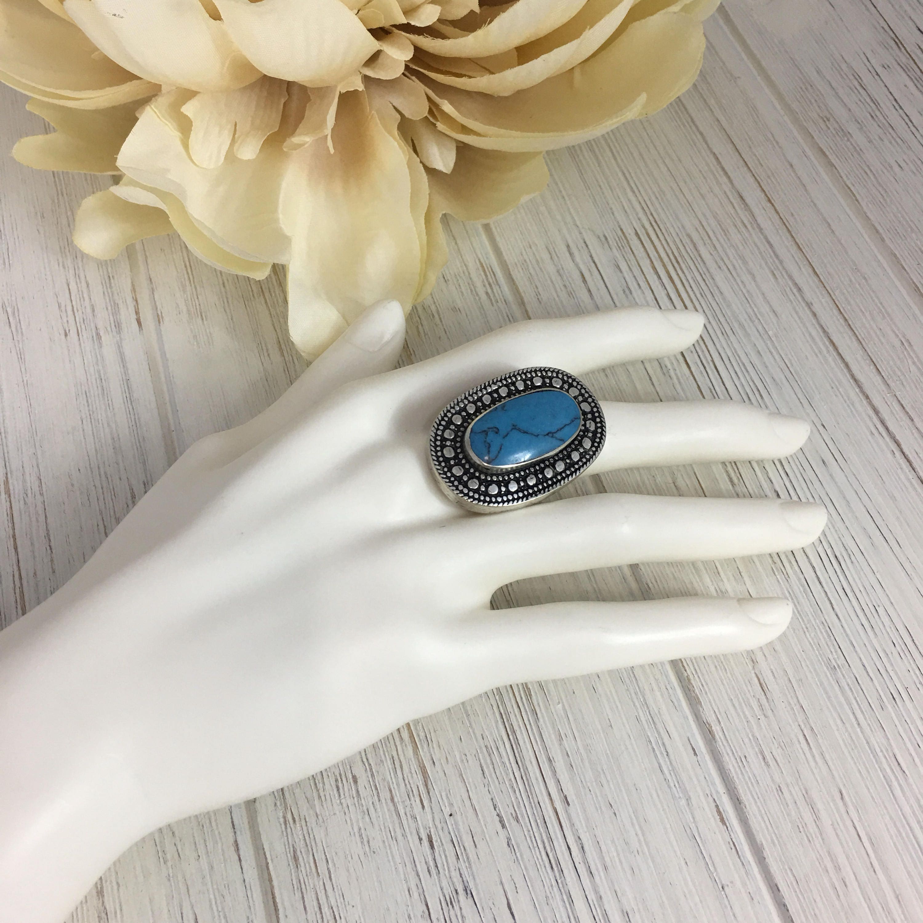 Vintage Afghan Turquoise Ethnic Ring - Handmade Boho Kuchi Tribal Silver Jewelry for Women