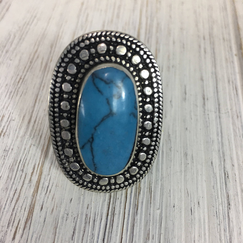 Vintage Afghan Turquoise Ethnic Ring - Handmade Boho Kuchi Tribal Silver Jewelry for Women
