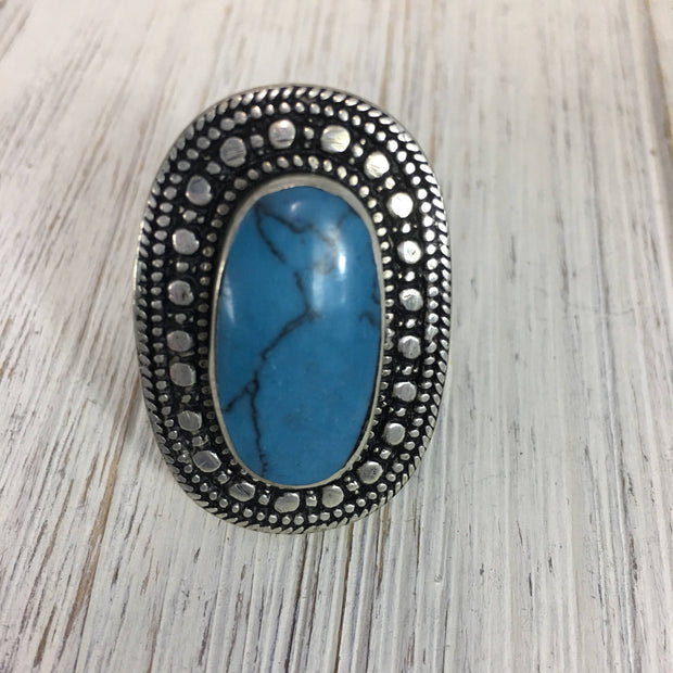 Vintage Afghan Turquoise Ethnic Ring - Handmade Boho Kuchi Tribal Silver Jewelry for Women