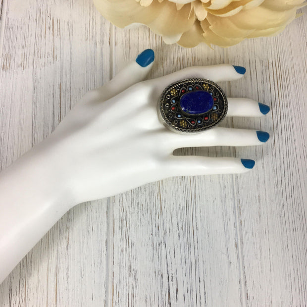 Vintage Afghan Lapis Lazuli Statement Ring - Adjustable Handmade Gemstone Jewelry for Engagement or Festival