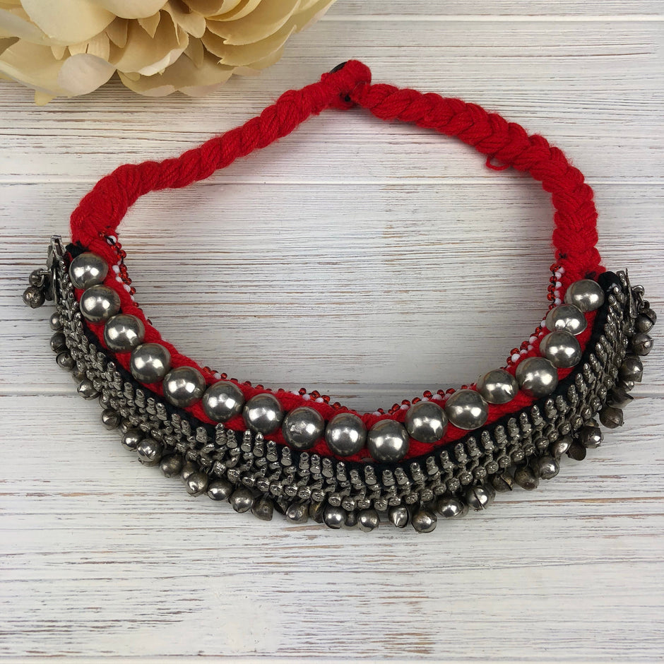 Bohemian Afghan Choker Necklace with Dangle Bells – Ethnic Tribal Kuchi Gypsy Belly Dance Jewelry