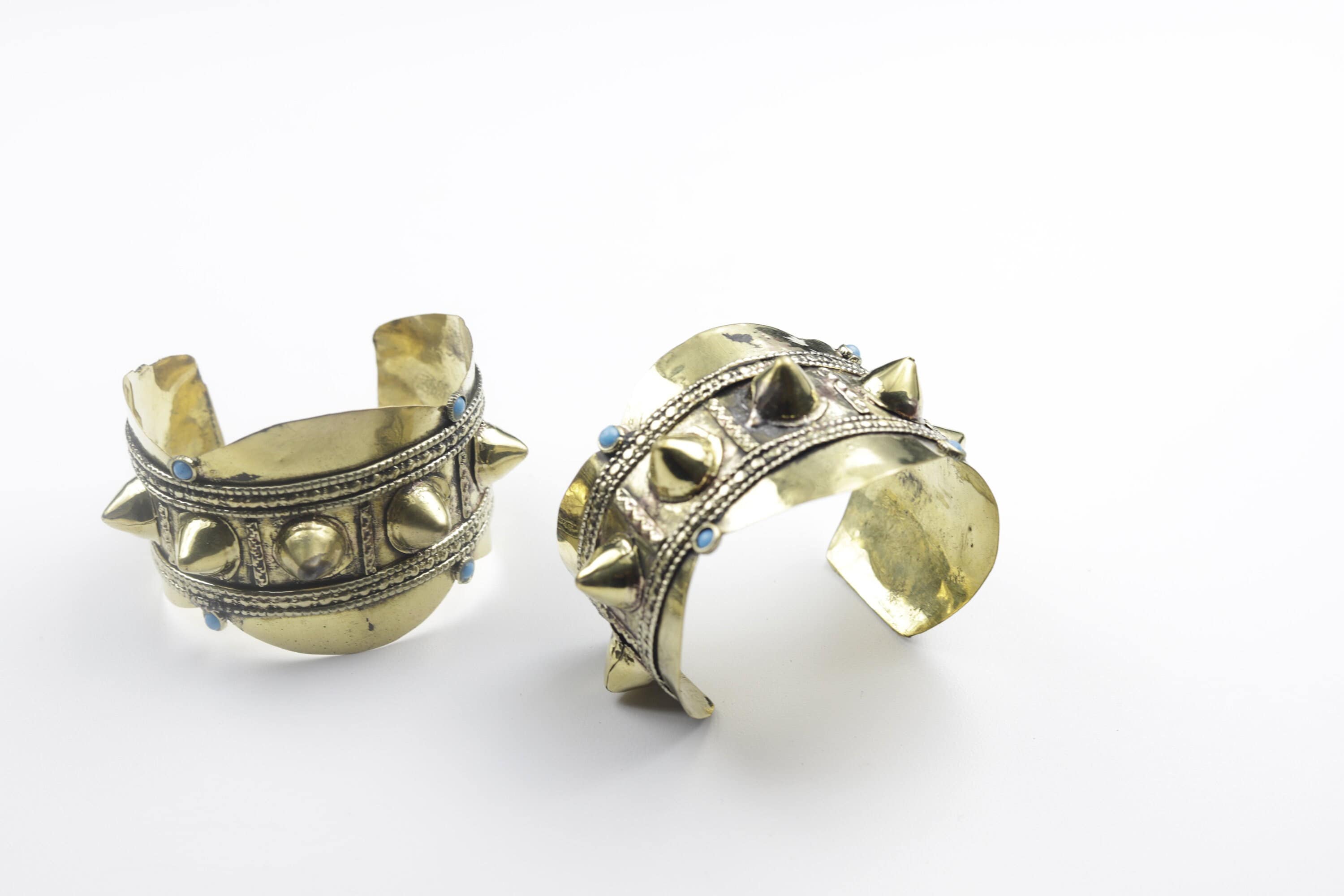 Vintage Style Kuchi Cuff Bracelet Set: Afghan Brass Spikes, Boho Statement Jewelry