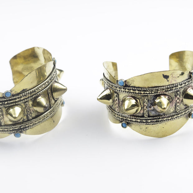 Vintage Style Kuchi Cuff Bracelet Set: Afghan Brass Spikes, Boho Statement Jewelry