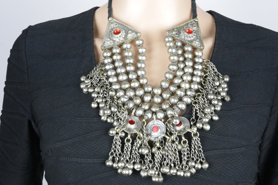 Vintage Kuchi Multilayer Silver Beaded Choker Necklace with Bells - Tribal Handmade Statement Jewelry