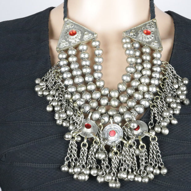 Vintage Kuchi Multilayer Silver Beaded Choker Necklace with Bells - Tribal Handmade Statement Jewelry
