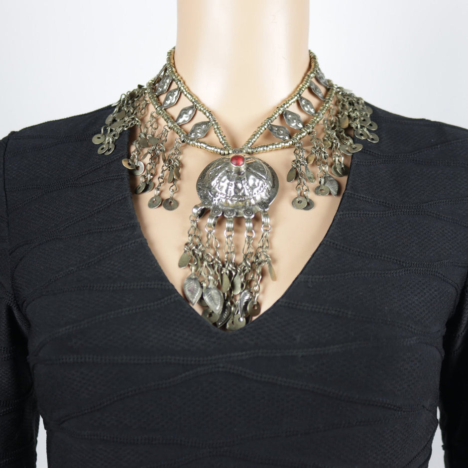Vintage Tuareg Waziri Necklace - Afghani Belly Dance Choker - Boho Kuchi Tribal Jewelry