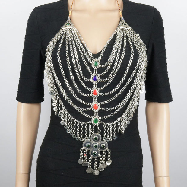 Vintage Afghan Aqeeq Statement Body Necklace - Bohemian Turkman Tribal Jewelry for Belly Dance