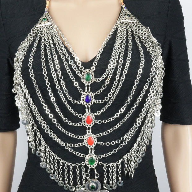 Vintage Afghan Aqeeq Statement Body Necklace - Bohemian Turkman Tribal Jewelry for Belly Dance