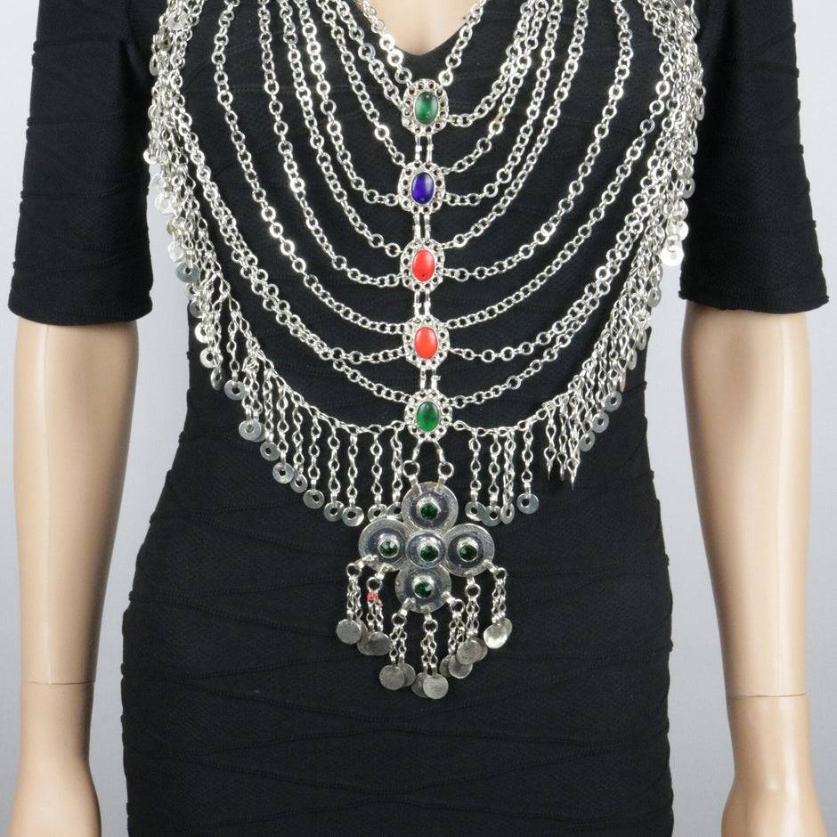 Vintage Afghan Aqeeq Statement Body Necklace - Bohemian Turkman Tribal Jewelry for Belly Dance