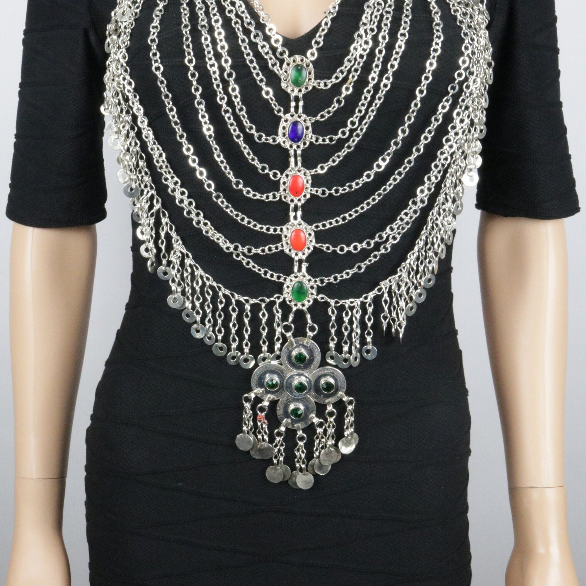 Vintage Afghan Aqeeq Statement Body Necklace - Bohemian Turkman Tribal Jewelry for Belly Dance