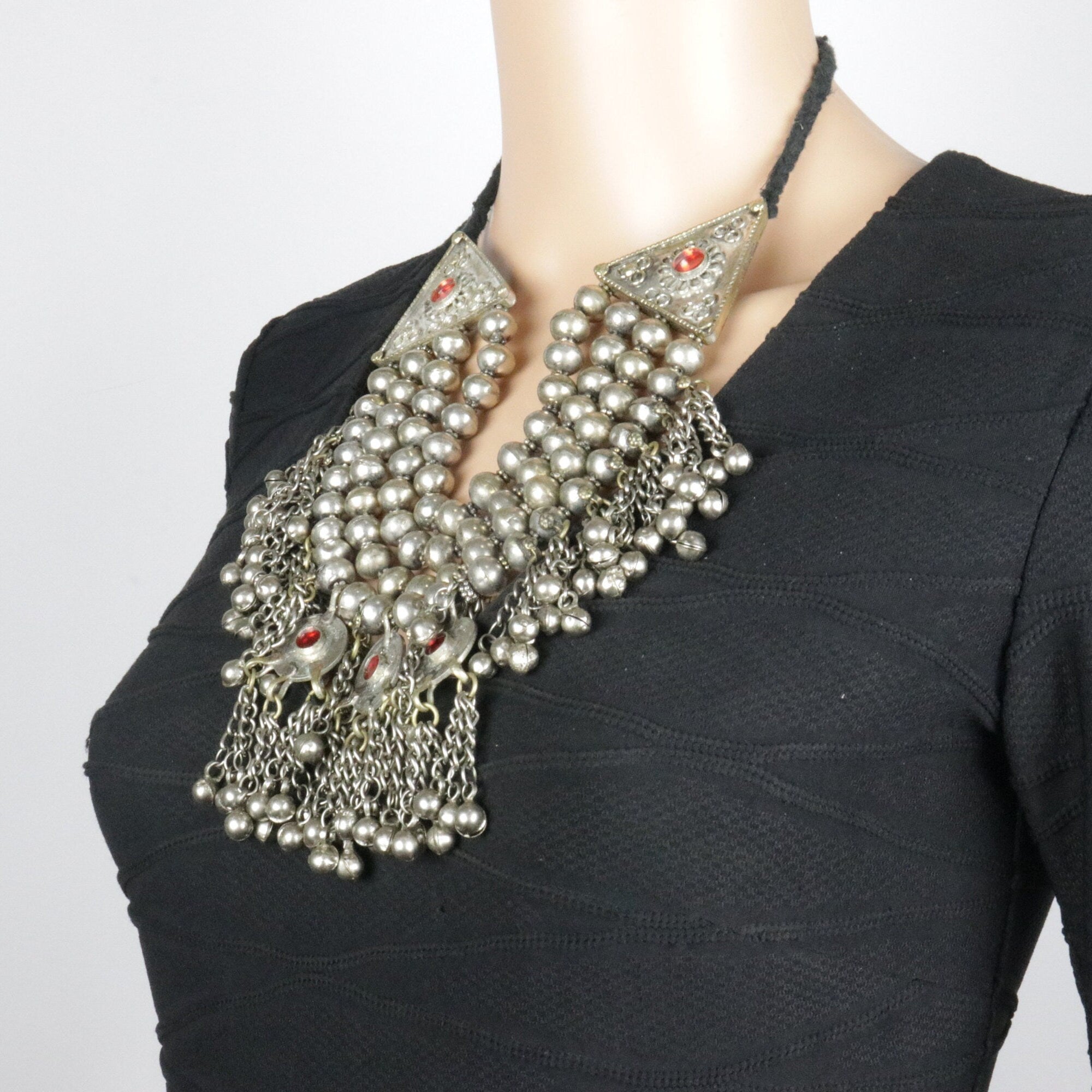 Vintage Kuchi Multilayer Silver Beaded Choker Necklace with Bells - Tribal Handmade Statement Jewelry