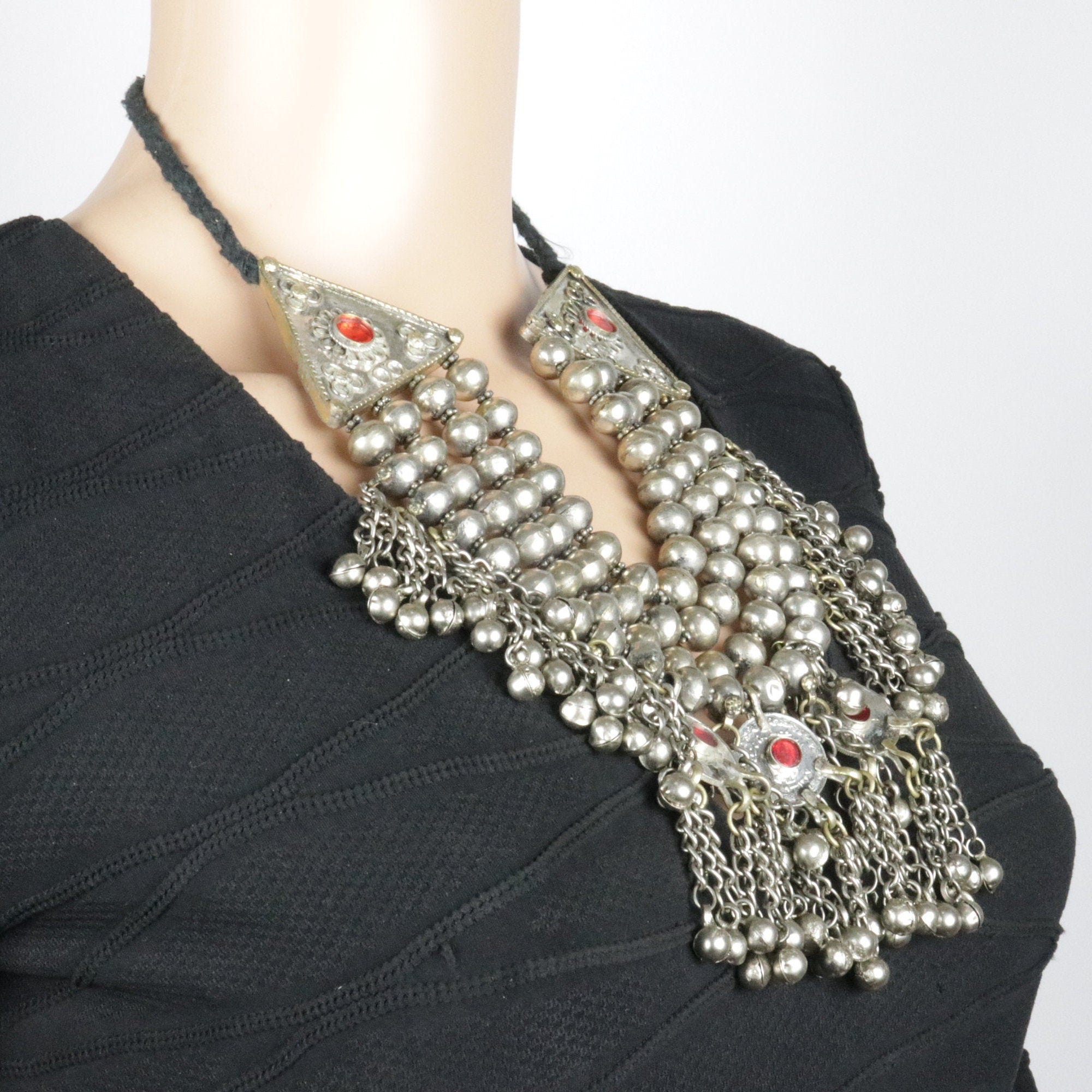 Vintage Kuchi Multilayer Silver Beaded Choker Necklace with Bells - Tribal Handmade Statement Jewelry