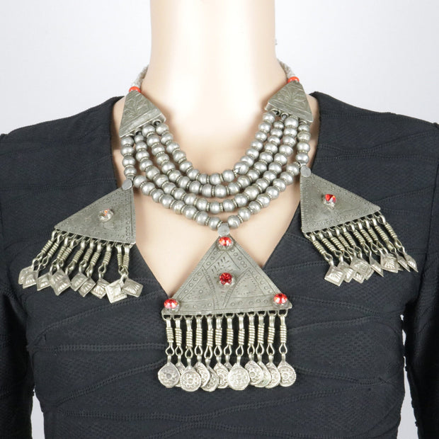 VINTAGE DARODHA NECKLACE - Multi-Strand Choker with Old Beads and 3 Large Pendants -
