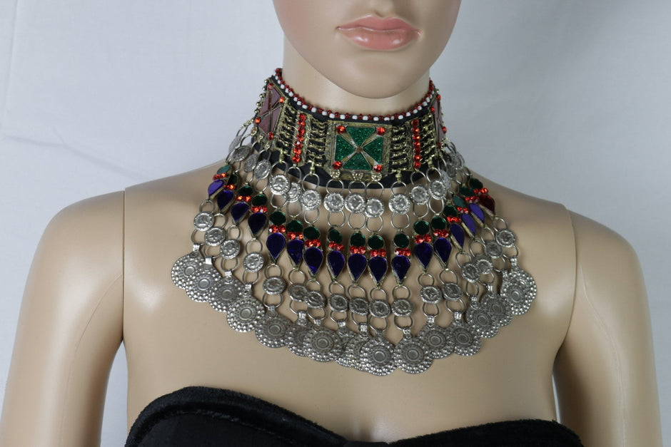 Handcrafted Afghan Jewelry Set: Choker, Headpiece & Earrings - Boho Tribal Kuchi Mathapatti Necklace