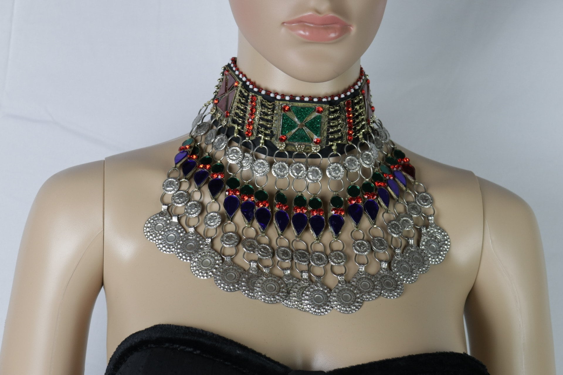 Handcrafted Afghan Jewelry Set: Choker, Headpiece & Earrings - Boho Tribal Kuchi Mathapatti Necklace