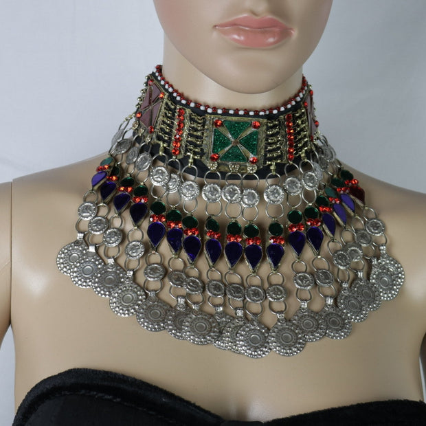 Handcrafted Afghan Jewelry Set: Choker, Headpiece & Earrings - Boho Tribal Kuchi Mathapatti Necklace