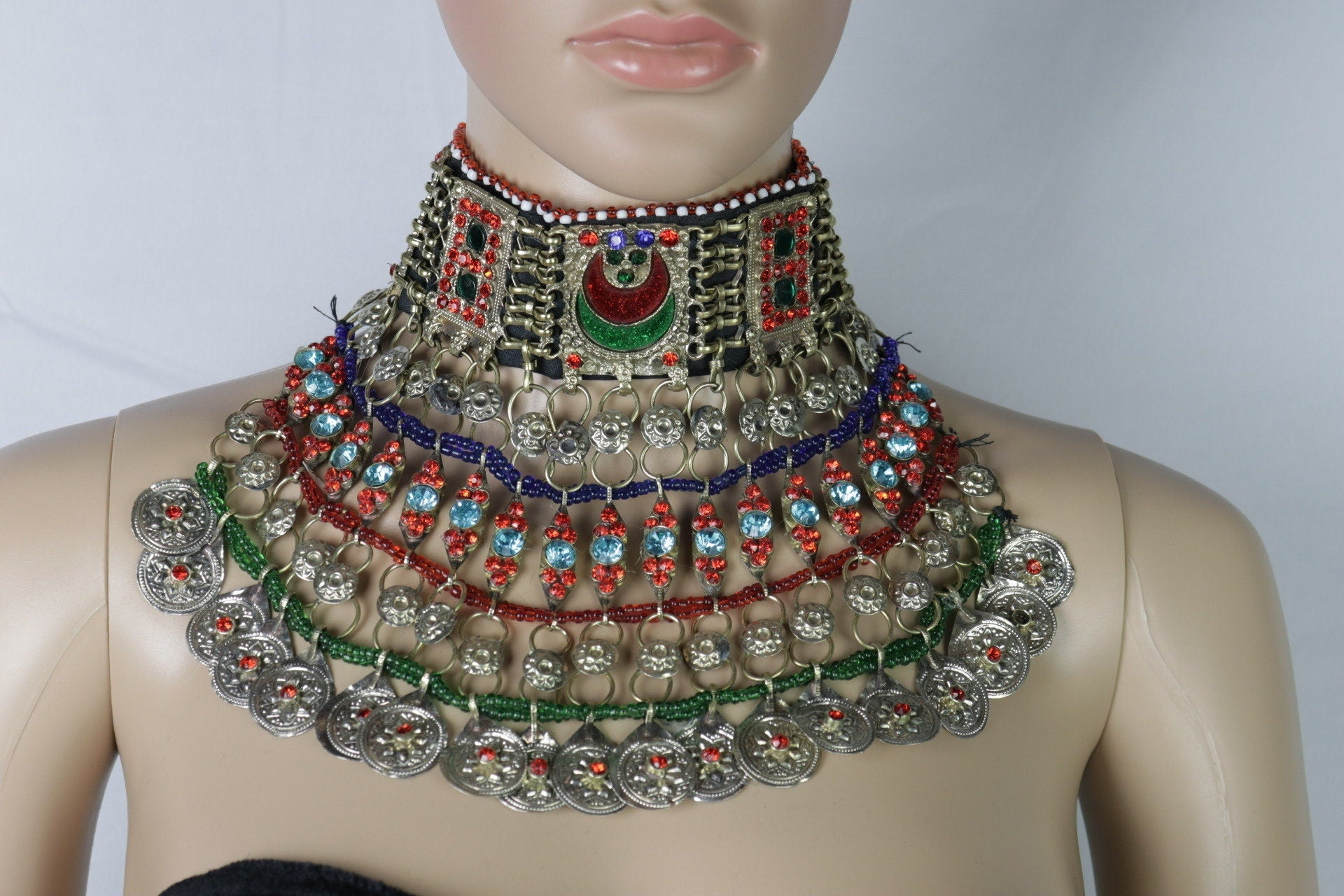 Vibrant Afghan Kuchi Jewelry Set: Colorful Choker, Wedding Necklace Headpiece for Brides & Dancers