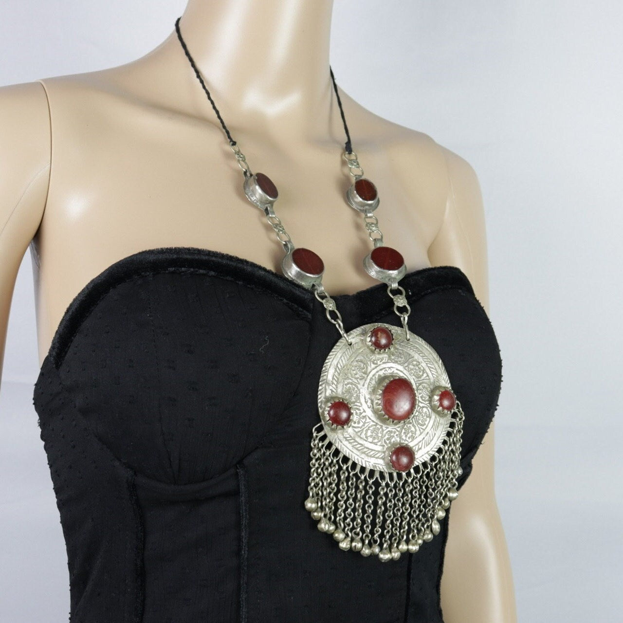 Vintage Afghan Red Stone Pendant Necklace - Ethnic Tribal Kuchi Choker for Belly Dance