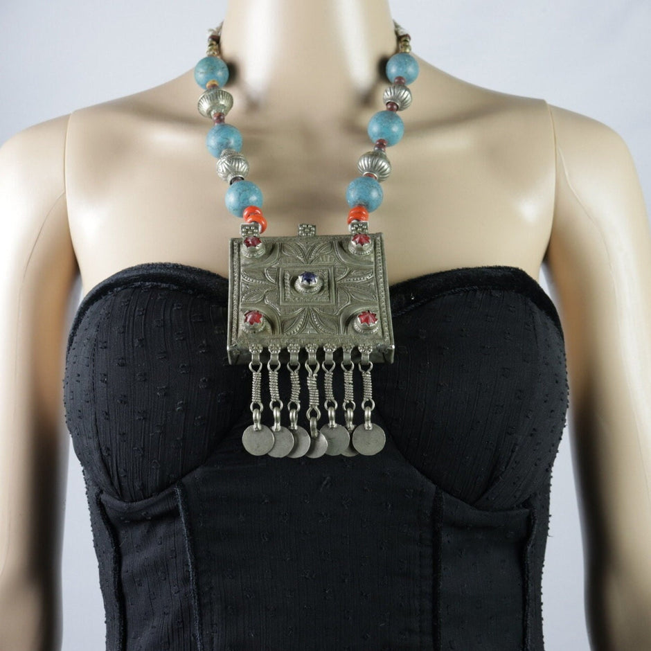 Vintage Kuchi Choker Necklace: Afghan Turquoise & Silver Coin Jewelry