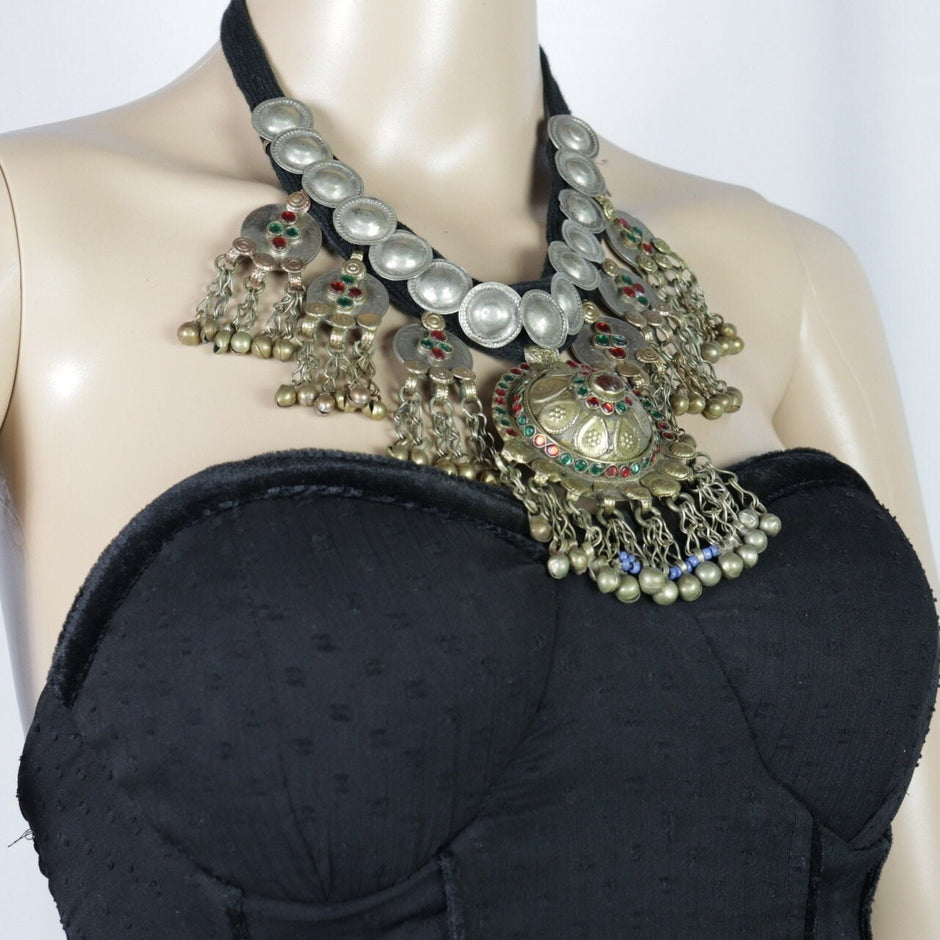 Bohemian Tribal Choker: Vintage Kuchi Coin Necklace with Silver Tassels - Handmade Ethnic Statement Piece
