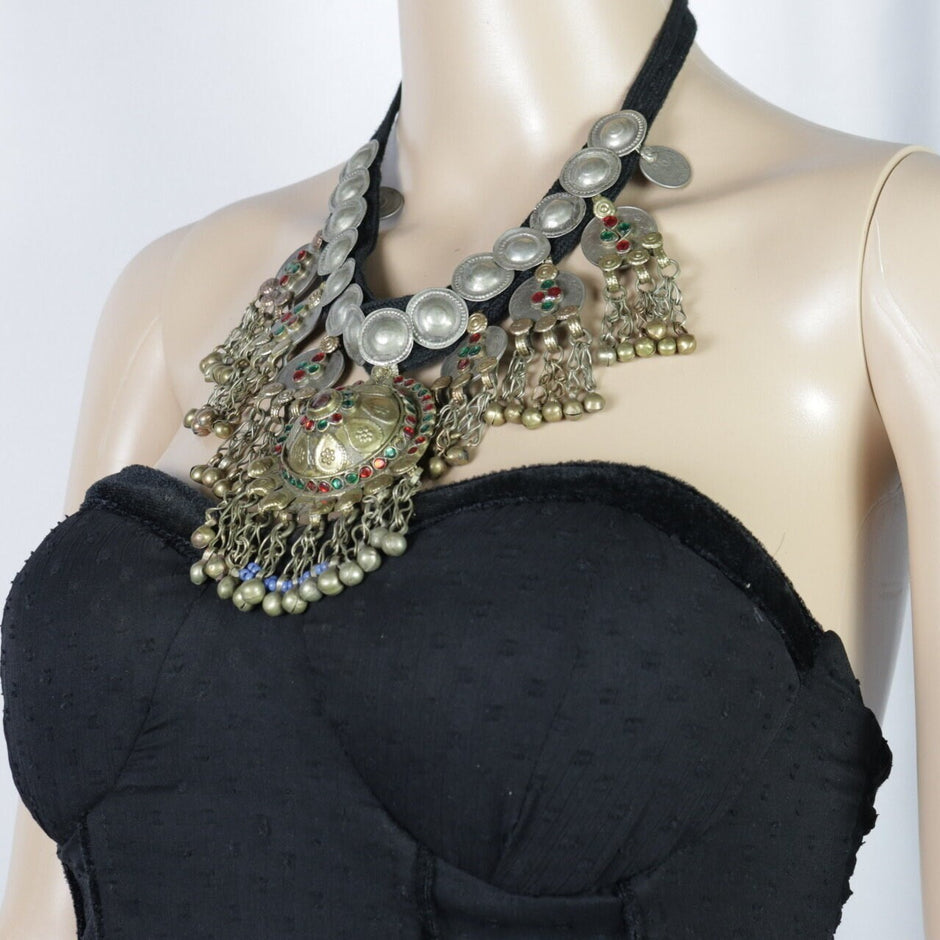Bohemian Tribal Choker: Vintage Kuchi Coin Necklace with Silver Tassels - Handmade Ethnic Statement Piece