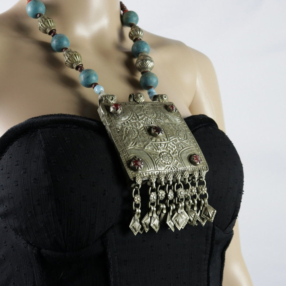Vintage Kochi Choker Necklace: Afghan Turquoise & Red Glass Bohemian Jewelry