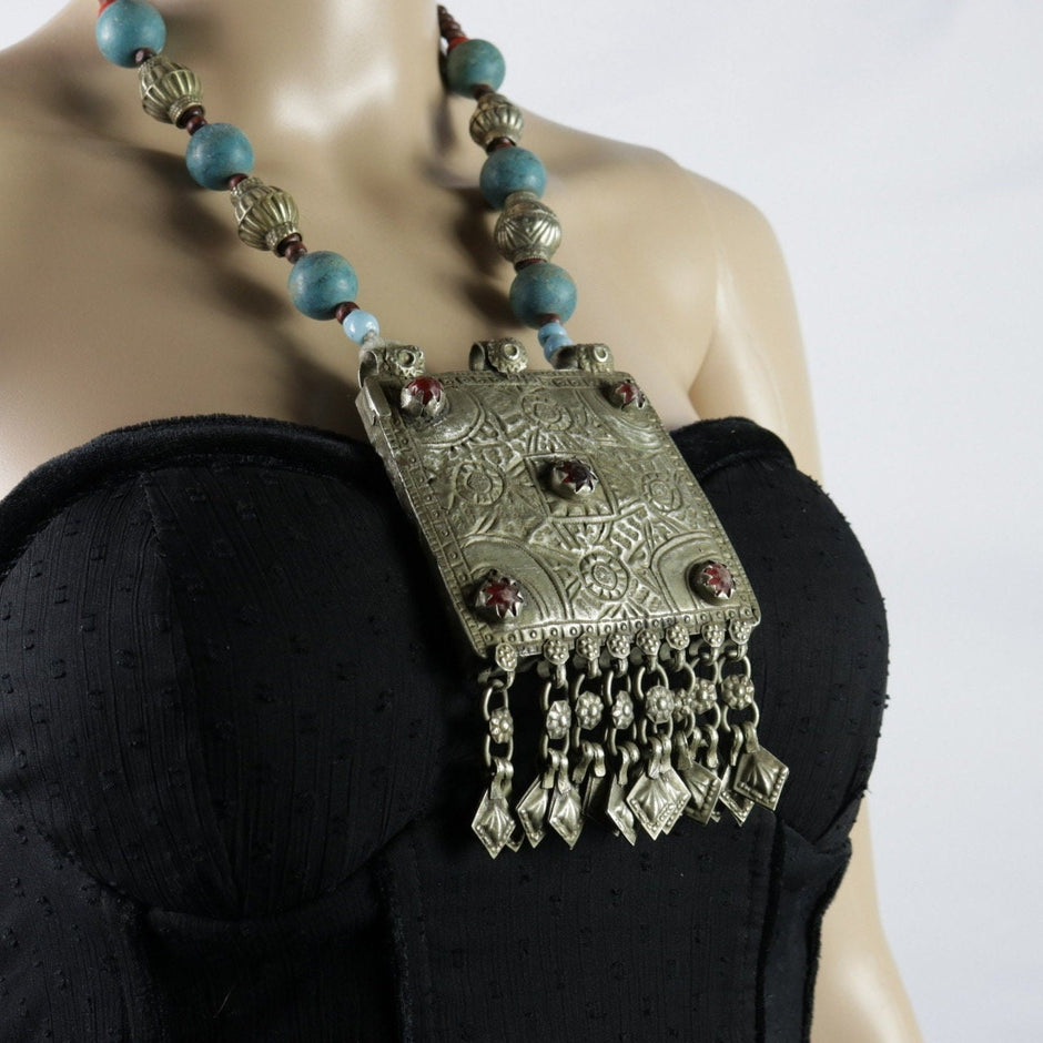 Vintage Kuchi Choker Necklace: Afghan Turquoise & Red Glass Bohemian Jewelry