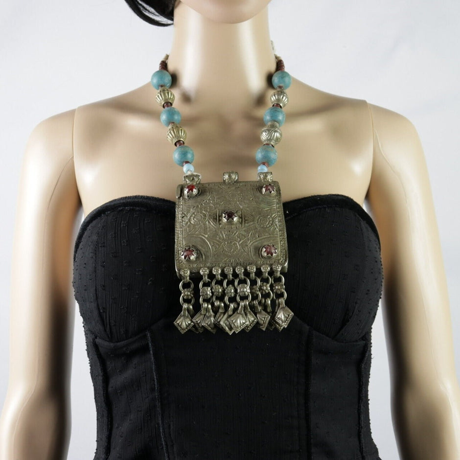 Vintage Kuchi Choker Necklace: Afghan Turquoise & Red Glass Bohemian Jewelry